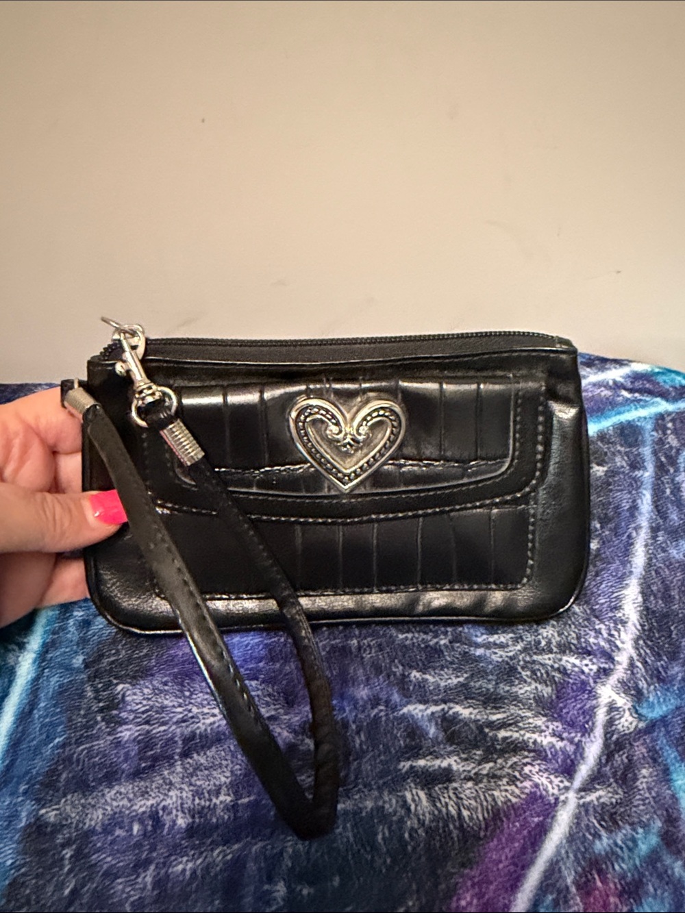 Brighton black crocodile embossed leather wristlet with signature silver heart
